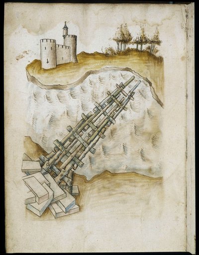 Disposizione di un ponte di legno - Manoscritto: foglio di pergamena di un manuale di ingegneria per la costruzione di edifici civili, religiosi e militari, anonimo, fine XV secolo (figura in inchiostro cinese) da Unknown artist