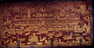 Arrivo dei portoghesi a Nanchino, Cina. Coperchio di scatola coperto di vernice rossa e oro. XVII secolo. Porto, Museo Nazionale da Unknown artist
