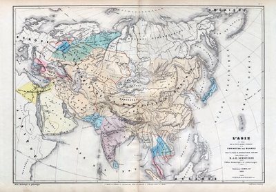 Asia al tempo della massima estensione del dominio mongolo sotto il regno di Qubilai (Kubilai Khan) (1260-1294) - Mappa preparata da M J-H Schnitzler, Atlante Storico e Pittorico 1857 da Unknown artist