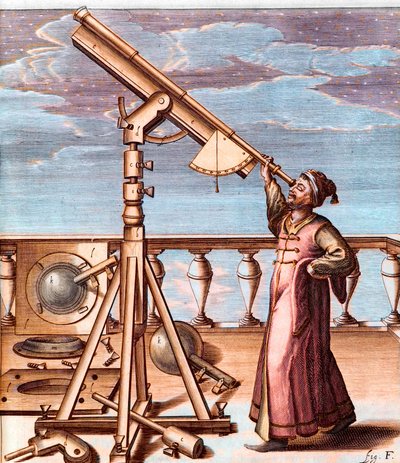Astronomo che osserva il cielo con un telescopio - da: Johannes Hevelius (1611-1687), Selenographia, sive Lunae descriptio da Unknown artist