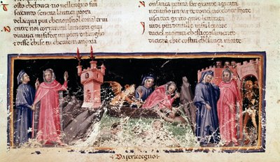 A sinistra, Dante e Virgilio stanno sulla riva del fiume Stige, la riva desolata dell