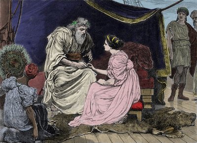 Statista ateniese Pericle (495 a.C.-429 a.C.), sostenitore della democrazia, con sua figlia Marine. Incisione del XIX secolo da Unknown artist