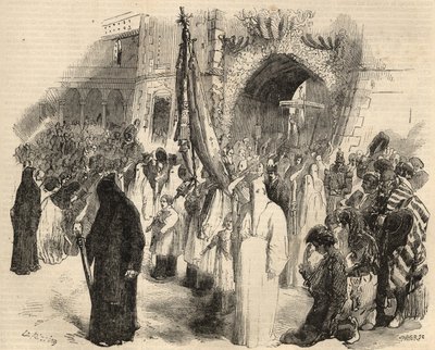 Processione di espiazione per la cessazione della febbre gialla a Lisbona, Portogallo nel 1857. Incisione in 