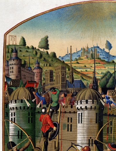 Attacco al castello di Filippo Augusto con vista su Parigi e le forche di Montfaucon durante la guerra dei cent