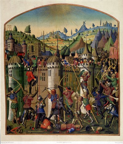 Attacco al castello di Filippo Augusto con vista su Parigi e le forche di Montfaucon durante la guerra dei cent