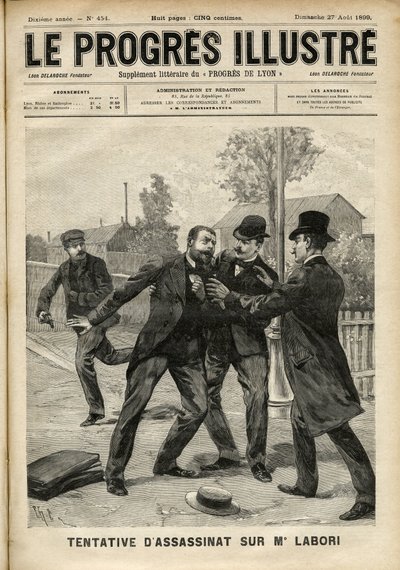 Attentato a Fernand Labori (1860-1917), avvocato nella difesa di Alfred Dreyfus (1859-1935), colpito da un proiettile alla schiena a Rennes mentre si recava al luogo dove si giudicava il caso. Copertina di “The Progres Illustré” di agosto 1899 (incisione) da Unknown artist