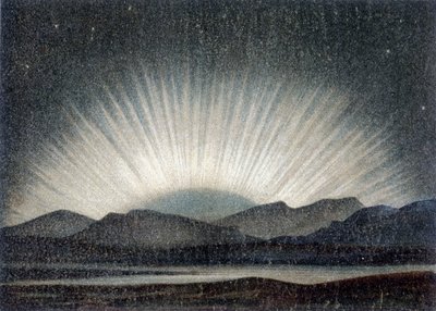 Aurora boreale del 6 agosto 1871, studiata al Royal Observatory di Edimburgo a mezzanotte, al sorgere della luna - secondo J. Hann "Geologia Generale" da Unknown artist