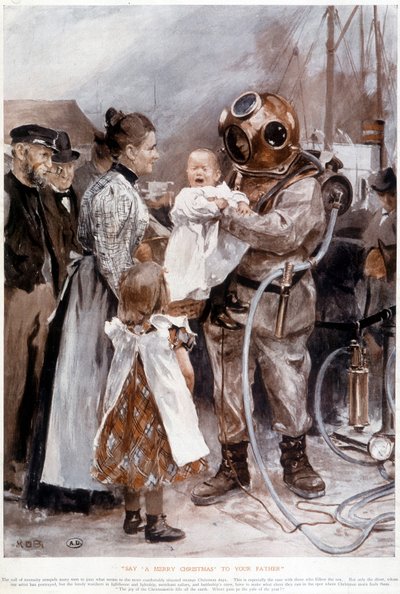 Bambino che piange tra le braccia del padre scafandro da Unknown artist