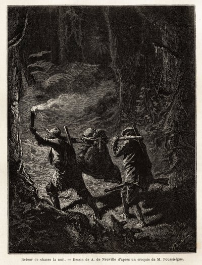 Ritorno dalla caccia di notte, la preda, un orso, è legata e sospesa a un ramo che i cacciatori portano sulla spalla. Incisione per illustrare la storia Quatre mois en Florida, di M. Pousselgue, nel 1851-1852, pubblicato in "le tour du monde", sotto da Unknown artist