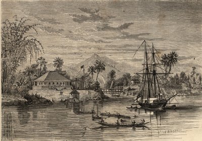 Bangalow, casa di Sir James Brooke, noto come il Rajah di Sarawak (1803-1868) avventuriero britannico primo rajah bianco di Sarawak nei pressi di Sarawak (Borneo). Incisione in “Le Monde illustre” del 1857. Collezione privata da Unknown artist