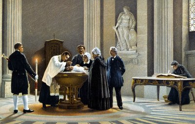 Battesimo di un bambino in una chiesa. Cromolitografia del XIX secolo da Unknown artist