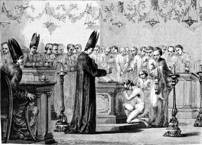 Battesimo tra i Mormoni. Incisione del XIX secolo. da Unknown artist