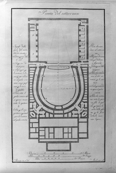 Piano interrato del teatro alla Scala di Milano ca. 1776-1778 Italia (Teatro alla Scala) (Mappa architettonica del sotterraneo del teatro alla Scala, Milano) Incisione da Unknown artist