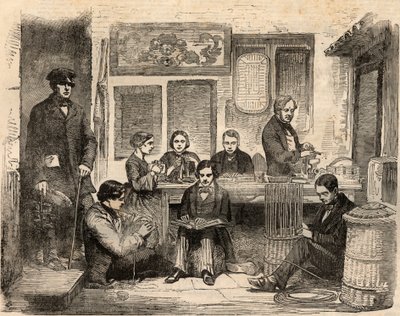 Laboratorio di cesteria e lettura per ciechi situato su Euston Road a Londra e organizzato dall