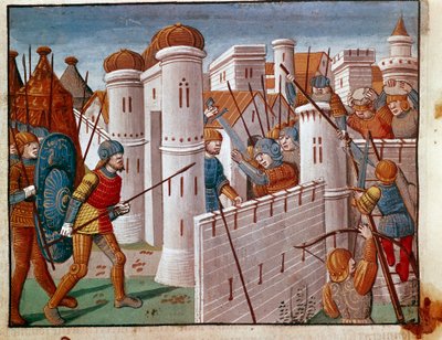 Battaglia ai piedi delle mura di una città, miniatura tratta da 