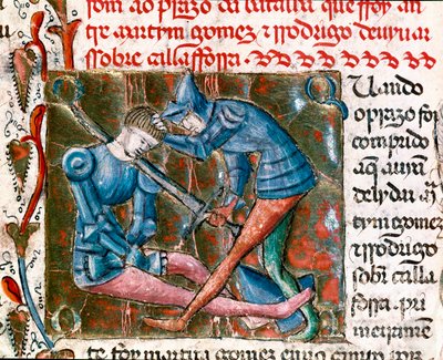 Battaglia tra Rodrigo Diaz de Vivar detto El Cid (1043-1099) e Martin Gomez. Miniatura tratta da 