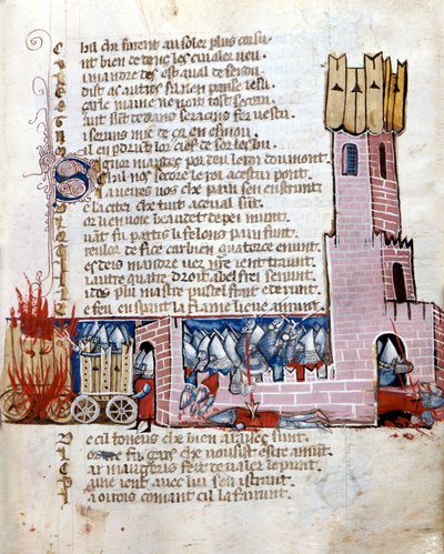 Battaglia in un castello. I carri armati sono in fiamme. Manoscritto del XIII secolo. Marciana Venezia. da Unknown artist