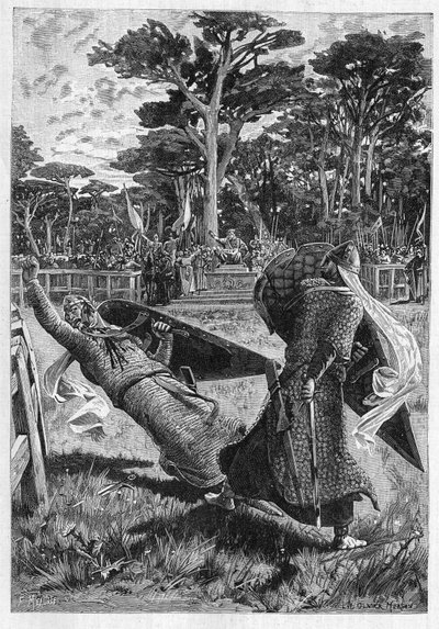 Battaglia dei cavalieri Pinabel e Thierry nel Medioevo in Francia. Illustrazione del romanzo "La chevalerie" di Léon Gautier (1832-1897). Incisione in "Le Monde Illustré" da Unknown artist