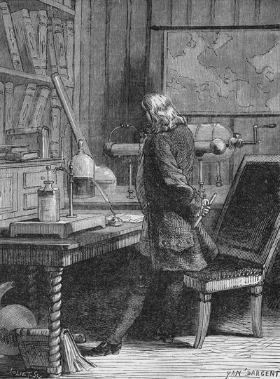 Benjamin Franklin nel suo laboratorio di fisica a Filadelfia. In “Album de la Science”, Éditions Jouvet. da Unknown artist