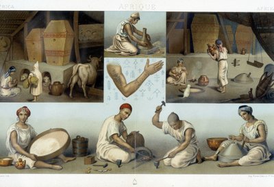 Berberi Kabyles: interno di una casa Kabyle - industria - tatuaggi - in “Le costume historique” di Racinet da Unknown artist