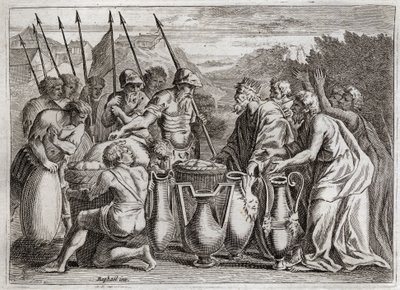 Bibbia di Royaumont, Antico Testamento: Abramo salva Lot. Il Sommo Sacerdote Melchisedec benedice. Il re di Sodoma gli offre... da Unknown artist