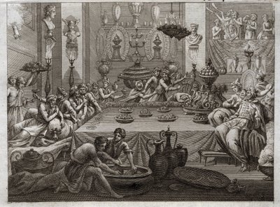 Bibbia di Royaumont, Antico Testamento: Baldassarre condanna. Il re Baldassarre (Belshatsar) a tavola vede una mano che in tre parole scrive la fine della sua sentenza. Illustrazione del 1811. da Unknown artist