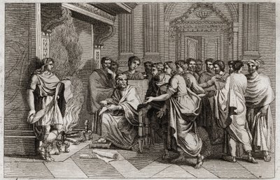 Bibbia di Royaumont, Antico Testamento: Baruch profeta. Il re Joachim taglia il rotolo contenente le profezie di Geremia trascritte dal suo discepolo Baruch e lo getta nel fuoco. Illustrazione del 1811. da Unknown artist