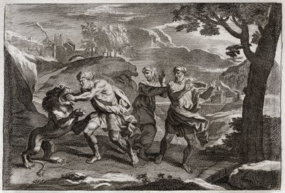 Bibbia di Royaumont, Antico Testamento: Nascita di Sansone. Sansone squarcia un leone. Illustrazione del 1811. da Unknown artist