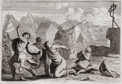 Bibbia di Royaumont, Antico Testamento: Serpente di bronzo. Il popolo mormora contro Dio e contro Mosè, viene punito da serpenti di fuoco; da cui furono guariti da un serpente di bronzo, che Mosè aveva innalzato per essere visto da tutto il popolo. Illustr da Unknown artist