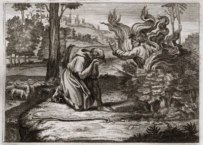 Bibbia di Royaumont, Antico Testamento: Roveto ardente. Dio parla a Mosè dal mezzo di un roveto ardente. Illustrazione del 1811. da Unknown artist