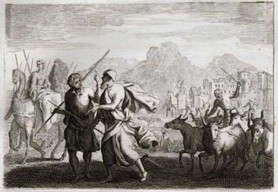 Bibbia di Royaumont, Antico Testamento: Chiamata di Abramo. Dio chiama Abramo e gli ordina di lasciare la terra dei Caldei per venire in una terra che gli ha promesso di dargli. Illustrazione del 1811. da Unknown artist