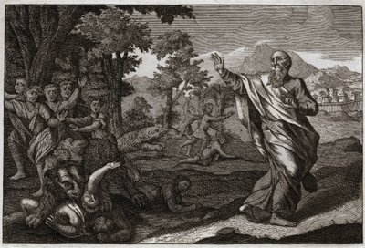 Bibbia di Royaumont, Antico Testamento: Bambini divorati dagli orsi. Bambini che si prendono gioco della calvizie di Eliseo sono sbranati dagli orsi. Illustrazione del 1811. da Unknown artist