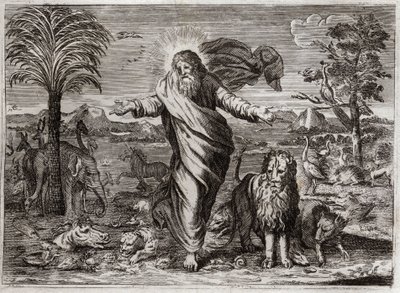 Bibbia di Royaumont, Antico Testamento: Creazione del Mondo. Dio trae il Cielo e la Terra dal nulla, e in sei giorni li adorna e li popola di Creature di ogni tipo. Illustrazione del 1811 da Unknown artist