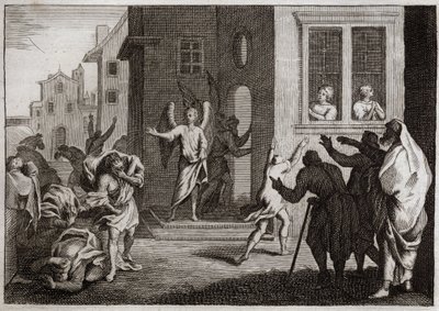 Bibbia di Royaumont, Antico Testamento: Crimini dei Sodomiti. Lot riceve gli angeli nella sua casa. I Sodomiti (Sodoma) vogliono violentarli. Gli angeli li colpiscono accecandoli. Illustrazione del 1811. da Unknown artist