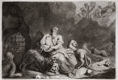 Bibbia di Royaumont, Antico Testamento: Daniele nella fossa dei leoni. Daniele viene messo nella fossa dei leoni e miracolosamente si ubriaca. Illustrazione del 1811. da Unknown artist