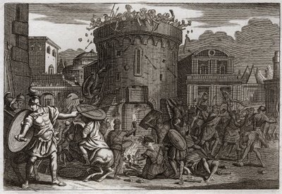Bibbia di Royaumont, Antico Testamento: Morte di Abimelech. Abimelech viene ucciso da una donna che lo colpisce con una pietra durante l