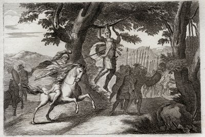 Bibbia di Royaumont, Antico Testamento: Morte di Assalonne. Assalonne fuggendo dalla battaglia è catturato per i capelli da una quercia, o Joab gli trafigge il cuore con tre dardi. Illustrazione del 1811. da Unknown artist