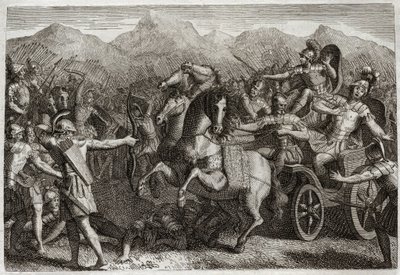 Bibbia di Royaumont, Antico Testamento: Morte di Acab. Acab fa guerra contro la Siria e viene ucciso da una freccia casuale. Illustrazione del 1811. da Unknown artist