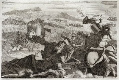 Bibbia di Royaumont, Antico Testamento: Morte di Giuda. Sconfitta di Demetrio I Sotere e Nicanore. Morte di Giuda Maccabeo in battaglia. Illustrazione del 1811. da Unknown artist