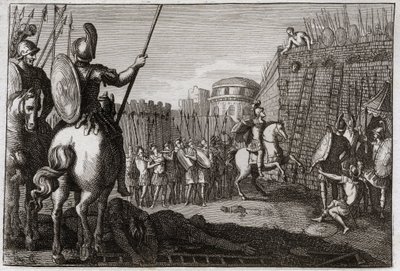 Bibbia di Royaumont, Antico Testamento: Morte di Seba. Seba si ribellò contro Davide e portò via le dieci tribù con sé. Joab lo inseguì ad Abela, dove la sua testa fu tagliata su consiglio di una donna. Illustrazione del 1811. da Unknown artist