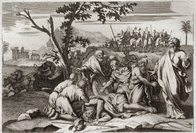 Bibbia di Royaumont, Antico Testamento: Morte del malvagio Antioco. La terribile morte del re Antioco IV Epifane (175-164 a.C.) dopo una caduta da cavallo. Illustrazione del 1811. da Unknown artist