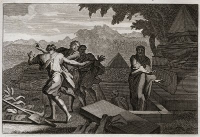 Bibbia di Royaumont, Antico Testamento: Risurrezione. Un morto fu lasciato cadere per caso nella tomba di Eliseo, e risuscitò toccando le sue ossa. Illustrazione del 1811 da Unknown artist