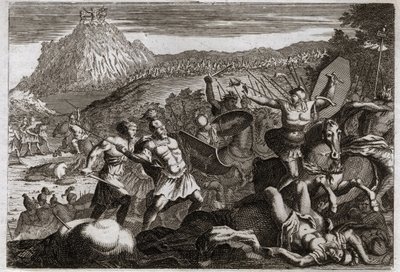 Bibbia di Royaumont, Antico Testamento: Sconfitta di Amalec. Mosè ottiene la vittoria sugli Amaleciti, tenendo le mani alzate verso il cielo. Illustrazione del 1811 da Unknown artist