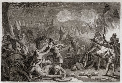 Bibbia di Royaumont, Antico Testamento: Sconfitta dei Madianiti al suono delle trombe e alla luce delle lampade. Illustrazione del 1811. da Unknown artist