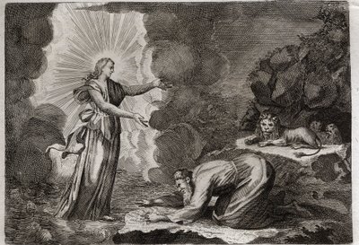 Bibbia di Royaumont, Antico Testamento: Liberazione di Daniele. Daniele, nella fossa dei leoni, è miracolosamente dissetato. Illustrazione del 1811 da Unknown artist