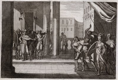 Bibbia di Royaumont, Antico Testamento: Dina uscì per curiosità a vedere le donne di Sichem, e il re di quella città le fece violenza, i suoi fratelli si vendicarono e uccisero tutti gli abitanti di Sichem con il re. Illustrazione del 1811. da Unknown artist
