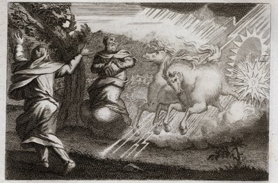 Bibbia di Royaumont, Antico Testamento: Elia è portato in cielo. Elia è portato in cielo su un carro di fuoco alla presenza del suo discepolo Eliseo. Illustrazione del 1811. da Unknown artist