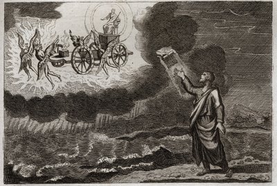 Bibbia di Royaumont, Antico Testamento: Ezechiele profeta. Il santo profeta ebbe una visione in cui il Signore gli apparve su un carro, portato da quattro cherubini. Illustrazione del 1811. da Unknown artist