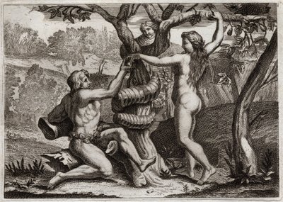 Bibbia di Royaumont, Antico Testamento: La Caduta di Adamo. Il Demonio sotto forma di serpente parla a Eva e la tenta a mangiare il frutto proibito: Eva cade e fa cadere anche Adamo. Illustrazione del 1811 da Unknown artist