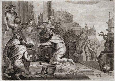 Bibbia di Royaumont, Antico Testamento: Caduta di Salomone. Salomone è corrotto dalle donne e offre incenso agli idoli dei falsi dèi. La sua morte. Illustrazione del 1811. da Unknown artist